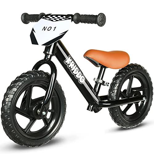 KRIDDO Bicicletta senza pedali 2 anni, Balance Bike età 18 mesi a 5 anni, 12 pollici bici senza pedali con targa personalizzabile (3 set di adesivi inclusi), regalo per 2-3 ragazzi ragazze, Nero