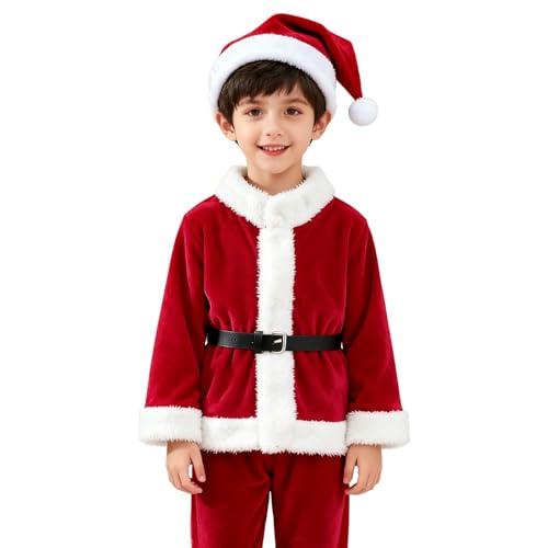 Vestito Babbo Natale Bambino 4 Pezzi Costume Babbo Natale con Cappotti Pantaloni Cappello e Cintura, Neonato Bambini 12 Mesi a 8 Anni Travestimento Cosplay Natalizi Regalo (01-Rosso, 6-7 Anni)
