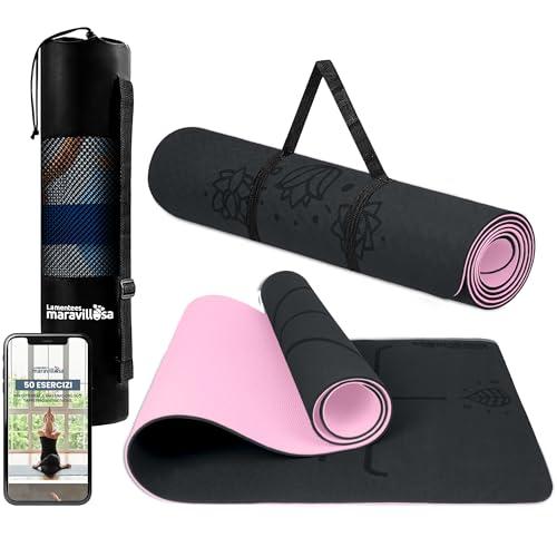 LA MENTE ES MARAVILLOSA - Tappetino per Yoga, Pilates, Fitness o Altri Sport, Tappetino Antiscivolo in TPE con Borsa a Tracolla, Tappetino da Allenamento 183 x 61 cm (Fiori, Nero/Rosa)