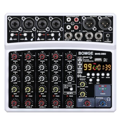 BOMGE - Mixer audio DJ a 6 canali con MP3, USB, Bluetooth, alimentazione phantom da 48 V, alimentazione da 5V, 16 effetti DSP Echo - Console audio per live, musica, karaoke, podcast