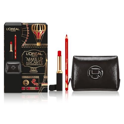 L'Oréal Paris Pochette Regalo Make Up à La Carte con Rossetto Rosso Volumizzante Color Riche Intense Volume Matte e Matita Labbra, Per Labbra Rimpolpate, Con Elegante Beauty Case in Vernice Nera