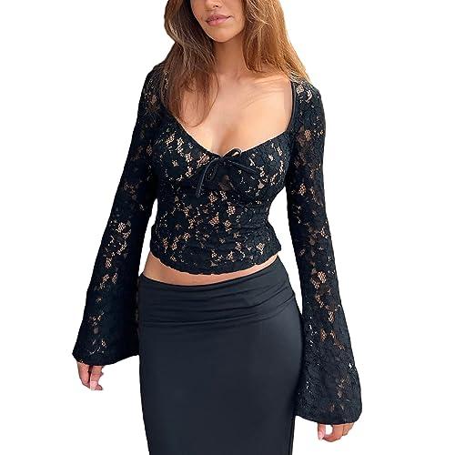 Geagodelia Camicia in Pizzo da Donna Elegante Maglietta a Maniche Lunghe in Pizzo Floreale Y2K Top See-Through Camicetta per Club Festa (Nero, S)