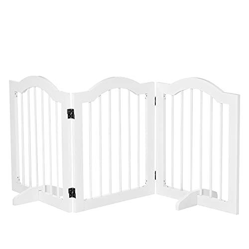 PawHut Cancellino per Cani Pieghevole a 3 Sezioni in Legno, Barriera per Cani con Piedini, 154.5x29.5x61cm, Bianco