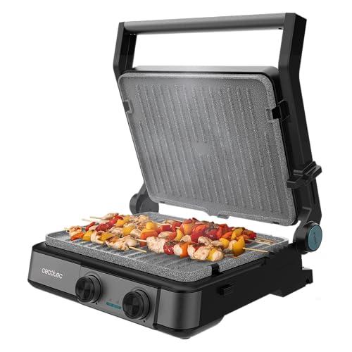 Cecotec Griglia Elettrica con Grill Rock’nGrill 2200 Dual. 2200W, Apertura 180º, Dual Temp, Rivestimento Antiaderente RockStone, Piastre Reversibili, Raccogli Grassi, Indicatore Luminoso, 29x23cm
