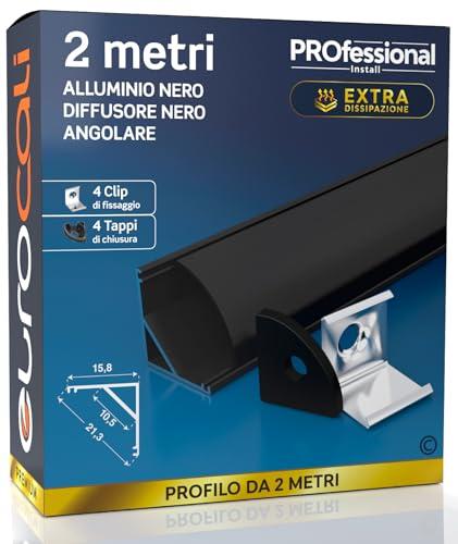 Profilo Angolare da 2 metri (2mt) in Alluminio Nero per Strisce LED Copertura Opaca larghezza max striscia led 10.5mm - 15.8 x 15.8