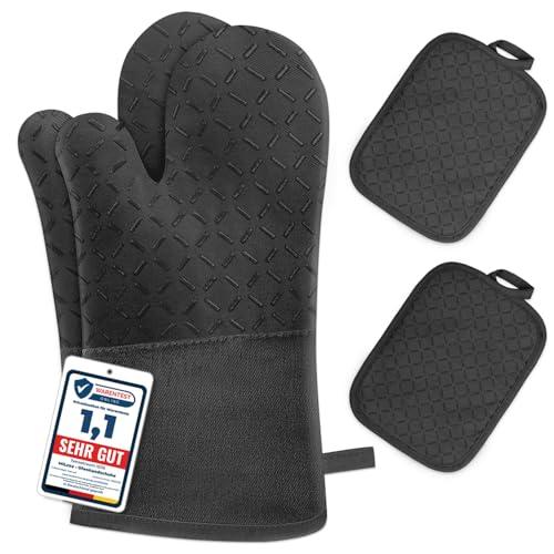 Set di 4 Guanti da Forno e Presine da Cucina - MILcea Guanti Forno Alta Temperatura Fino a 300°C, Silicone Antiscivolo, Morbido, Guanto da Forno Estesi per Cucinare, Grigliare, Cuocere, Nero