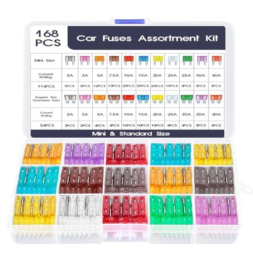 AiQInu Fusibili Auto Assortiti Kit 168Pcs, 114 Fusibili Auto Mini + 54 Fusibili Auto Medio+1 Estrattori per Fusibili,per Auto/Moto (2A 3A 5A 7.5A 10A 15A 20A 25A 30A 35A 40A),12v-32v