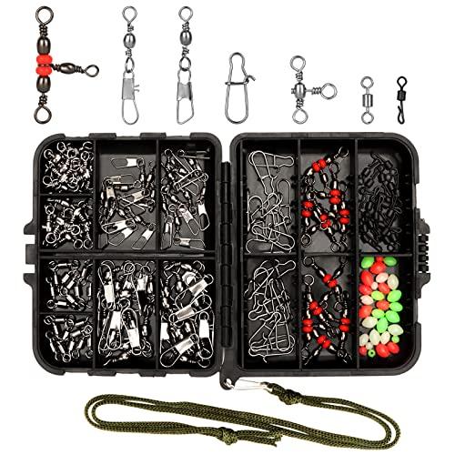 Realure Set di Accessori per la Pesca, 160 Pezzi, con assortimento di girelle a moschettone, per la Pesca, barile, Triple girelle da Pesca, per Acqua Dolce e salata