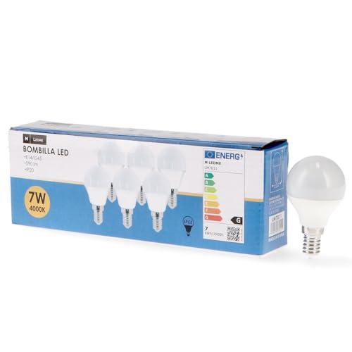 M Ledme - Confezione da 6 lampadine LED E14 G45 7W, luce neutra (4000k), attacco E14, 630 lumen, IP20, apertura fascio luminoso 200°, efficienza energetica e basso consumo. Modello LM7607