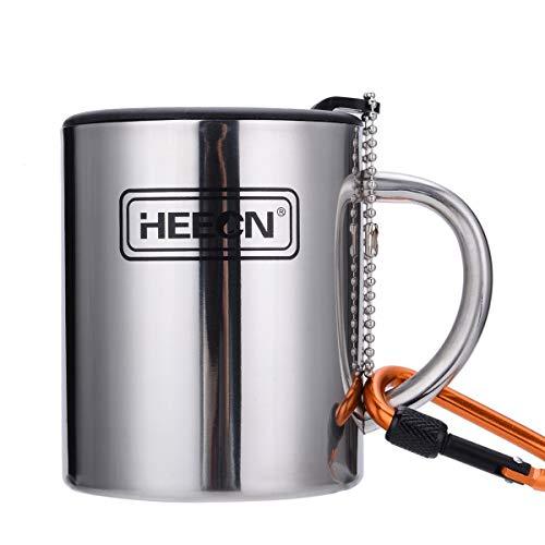 HEECN Acciaio inossidabile Tazze da caffè da Campeggio a Doppia Parete con Moschettone HESS-038BBK 260 ml con Coperchio Girevole