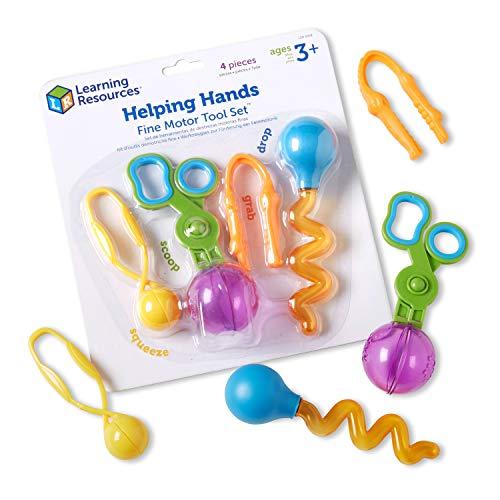Learning Resources Helping Hands – Set di 4 Strumenti motricità fine: Pinzette Gator, Cucchiaio-Forbice, Pipetta Twisty & Pinza Squeezy, Giochi sensoriali 3-7 Anni