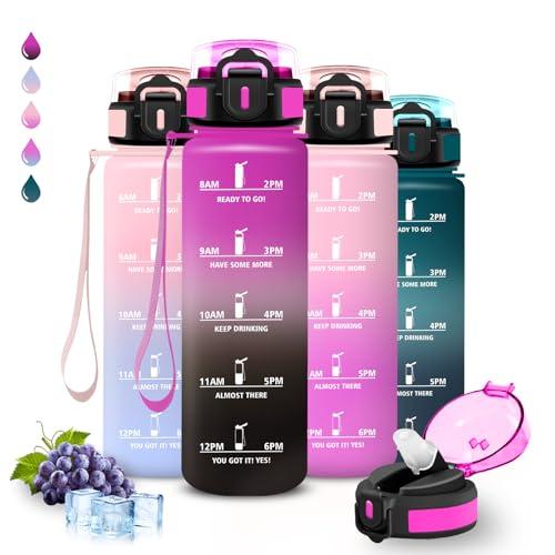 Borraccia 1 litro, Borraccia con Cannuccia, Senza Perdite, Water Bottle Palestra, Facile da Pulire, Bottiglia Graduata, Con Slogan Motivazionale, Borracce per Fitness, Sport, Campeggio, Escursionismo