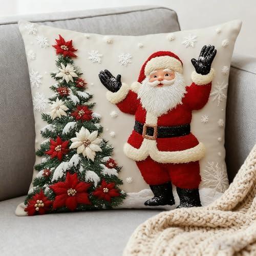 Federa per cuscino natalizia, 45 x 45 cm, in lino, motivo Babbo Natale e albero, decorativa, quadrata, con cerniera invisibile, per soggiorno, divano, camera da letto (stile 2)