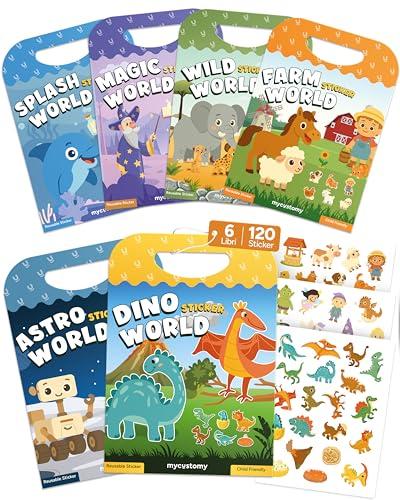 mycustomy - 6 Libri Stickers Bambini Attacca Stacca 1+ BPA Free con 120 Adesivi Riutilizzabili e Lavabili