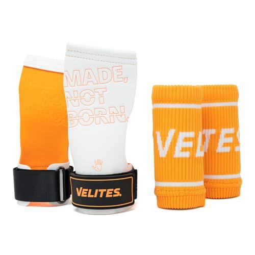 Velites I Impugnature Quad PRO Orange I Impugnature Professionali per Cross Training o Ginnastica I Adatto a Qualsiasi Superficie Utilizzo con magnesio I Include Braccialetti in Tessuto abbinati in r