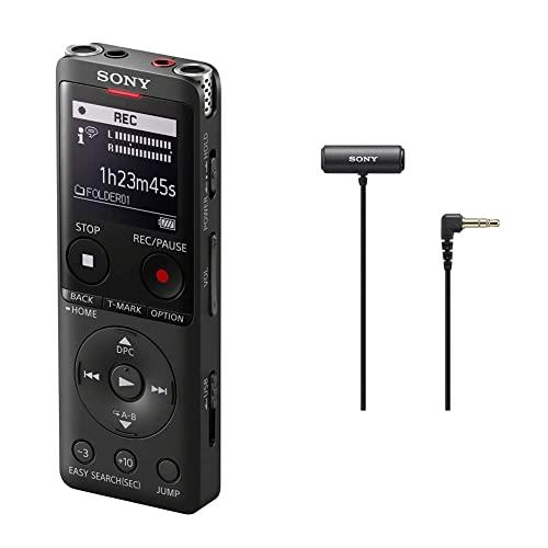 Sony ICD-UX570 Registratore Vocale Stereo, Display OLED, Riduzione Rumori Sottofondo, Altoparlante Integrato, Nero & ECM-LV1 - Microfono Lavalier con Stereo Sound Capture