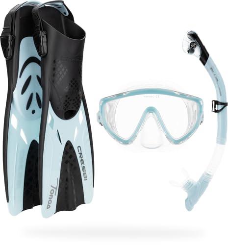 Cressi Tino Adventure Set Black/Ice Cyan [L/XL] - Set Pinne Tonga, Maschera Tino e Snorkel Scilla, per Snorkeling e Immersioni, Nero/Ice Cyan, L/XL, Adulti