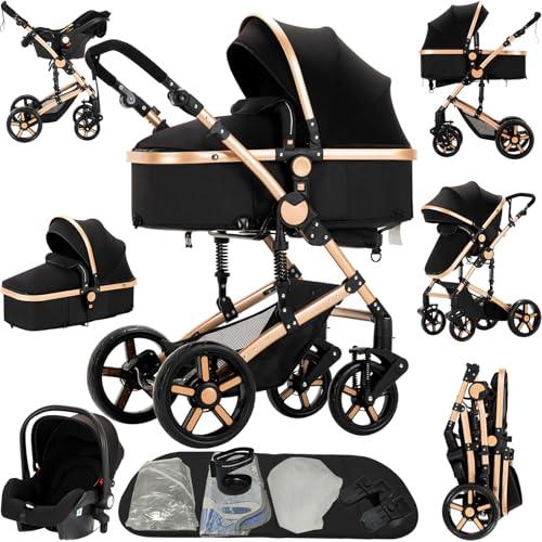 Reenborn Passeggino Trio, Passeggino 3 in 1 con Due Modi Reversibili Spingere, Trio con Design Pieghevole in Un Clic, Trio Passeggino Neonati con Telaio Alluminio Paesaggistico Alto (588 Black Gold)