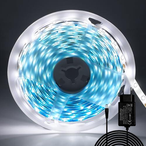 ShineBurky Striscia LED 5 Metri 12V Bianco Freddo, Luci LED Striscia Luminoso IP65 Impermeabile 300LEDs Strisce LED Flessibili per Interno Esterno Cucina Hotel Natale Decorazione (con Alimentatore)
