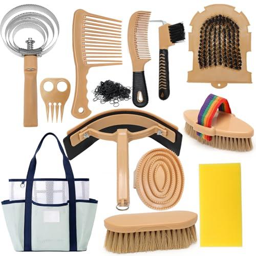 IDUNSEED Kit per la toelettatura del cavallo da 13 pezzi con 12 accessori e 1 borsa portaoggetti, Serie Horse Care, Giallo, Spazzole per cavalli, Spazzole in setola, Toelettatura del cavallo