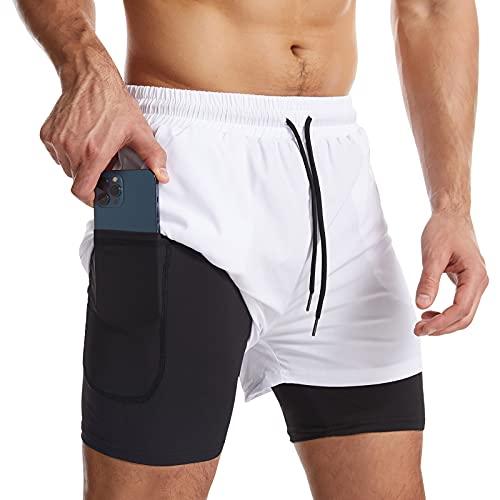 Danfiki Pantaloncini Sportivi da Uomo Running Shorts Asciugatura Rapida con Tasca per Jogging Tennis Fitness Allenamento 2 in 1,Bianca,L