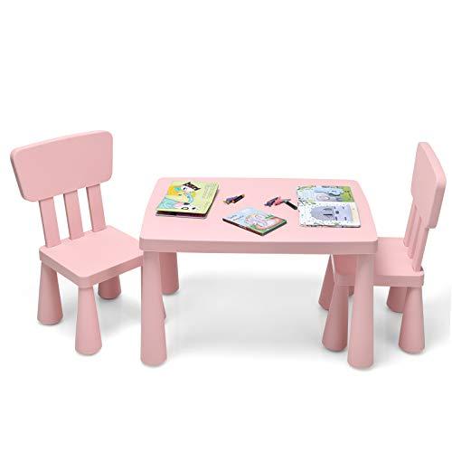 COSTWAY Set Tavolo e Sedie per Bambini 1-7 Anni, 2 Sedie Ergonomiche con Schienale, Materiale PP Atossico e Inodore, Angoli Arrotondati, Adatto per Giocare, Disegnare e Leggere, Portata 50kg (Rosa)