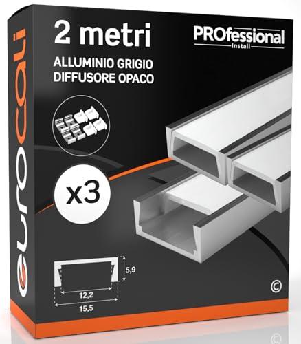 Eurocali 3 Profili da 2 metri (6mt) in Alluminio grigio per Strisce LED Schermatura Opaca - Larghezza Massima Striscia LED 12.2mm - 15.5 x 5.9