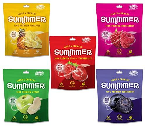 SUMMMER Frutta e Bacche Liofilizzate - 5 Sacchetti Snack - Fragole, Lamponi, Ananas, Mirtilli e Mele - Senza Zuccheri Aggiunti, Snack di Frutta Liofilizzata 100% Naturale per Bambini e Adulti