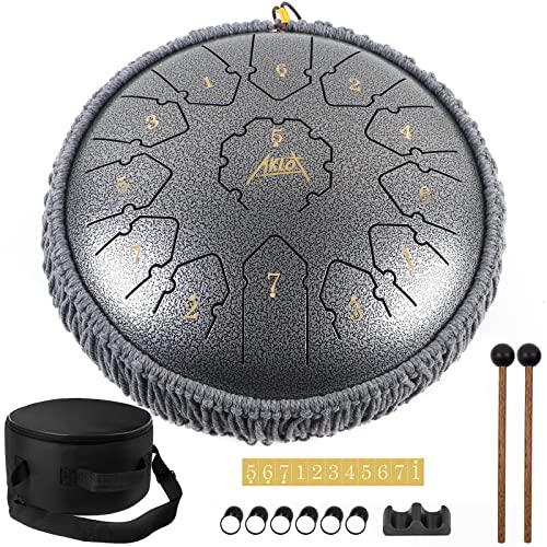 Handpan,AKLOT 12 pollici 13 Nota Tongue Drum Tamburo in Acciaio Hang Drum con Chiave in do con Bacchette Note Stickers Finger Picks Staffa Mazzuolo e Custodia