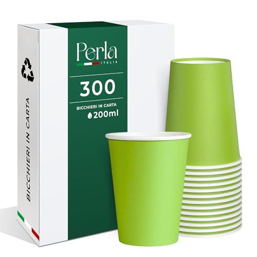 Perla - 300 Bicchieri in Carta da 200ml Ecologici Biodegradabili Monouso - Adatto per Bevande Fredde e Calde - Prodotto e confezionato in Italia - Made in Italy (Verde)