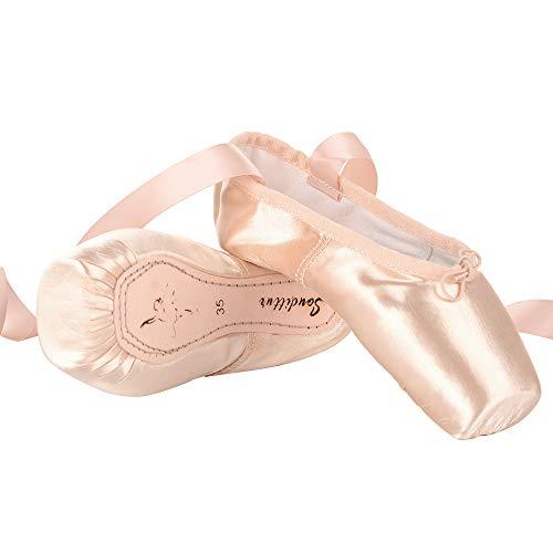 Soudittur Scarpette da Danza Classica Punte Pointe Balletto Scarpe da ballo Comprende Scarpette salvapunte e Nastri per Donna e Ragazza, 40 (Si prega di selezionare SIZE ONE più grande)