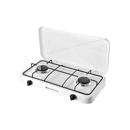 Melchioni Family | MINERVA NEW Fornello a Gas 2 Fuochi Bianco da Esterno | Acciaio Smaltato, GPL, Coperchio Protettivo, Griglia Removibile, Fiamma Regolabile