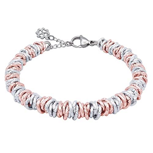 ParticolarModa Bracciale Donna regolabile quadrifoglio portafortuna nodini lucido diamantato 7 mm (Regolabile da 22 a 25 cm (x polso 19-21), Argentato/Rosè)