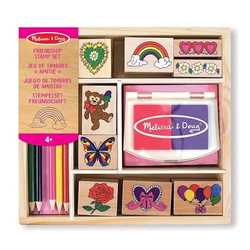 Melissa & Doug Timbri Creativi Amicizia – Set in Legno con 9 Timbri, Inchiostro Lavabile a Due Colori e Matite Colorate, Lavoretti Manuali, Regalo per Bambini e Bambine, 4+ Anni