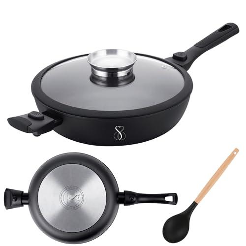 Stone&Stone Padella 28cm alta 7,5 cm a induzione estremamente antiaderente e antigraffio | alluminio acciaio e rivestimento tedesco | padelle chef professionale | coperchio in vetro (28CM ALTA)