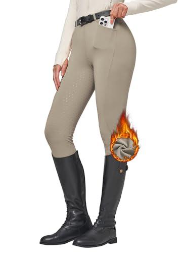 WILLIT Pantaloni da equitazione da donna, invernali, foderati, in pile, con inserti completi, per equitazione, allenamento termico, con tasche, passanti per cintura, cachi, L