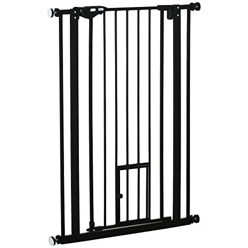 PawHut Cancellino per Cani Regolabile con Porta Piccola e Montaggio a Pressione, Barriera per Cani con Chiusura Automatica, 74-80x104.1cm, Nero