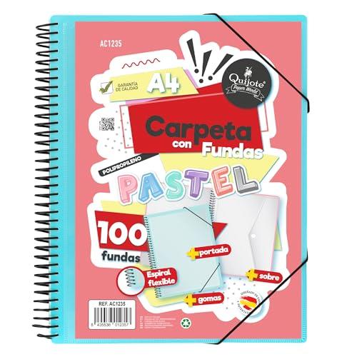 Starplast Cartella Buste Spirale Flessibile - 100 buste trasparenti, A4, chiusura elastica, copertina in polipropilene, copertina personalizzabile, per uso scolastico e ufficio - colore Blu Pastello