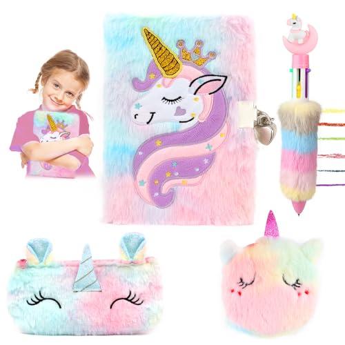 VFANDV Diario Segreto Bambina con Lucchetto, Quaderno con Chiave e Lucchetto per Ragazza, A5 Unicorno Diario in Peluche Set, Astuccio Unicorno e un Peluche Penna, Regalo per Bambina 4-9 Anni (Rosa)