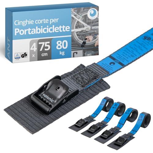 valonic ANT - 4x 75cm cinghie di fissaggio corte, 19mm, 80 Kg, imbottite, certificate TÜV Rheinl. / GS, EN-12195-2 - nero, cinghia per box da tetto, bici, camper