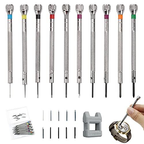 HWTONG Cacciaviti di Precisione Orologiaio, 10 Pezzi, 0.6 - 2.0 mm, Kit con Smagnetizzatore, Giraviti per Riparazione Elettronica di Orologi