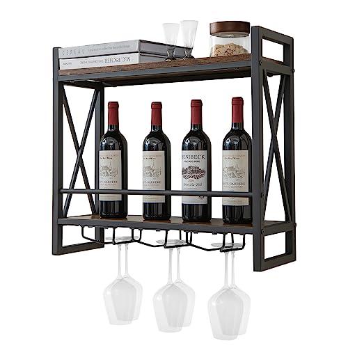 COSTWAY Portabottiglie per Vino da Parete Industriale, Scaffale di Stoccaggio per Vino a Parete a 2 Livelli con Porta Calici, in Metallo, per Casa, Bar, Cucina, Ristorante (60 x 20 x 55 cm)