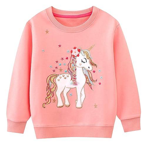 FILOWA Felpa per Bambina, Ragazza Unicorno Floreale Ricamata Pullover Maglione Cotone Girocollo Moda Manica Lunga Maglietta Casual Top Senza Cappuccio Felpe 4-5 Anni, Rosa