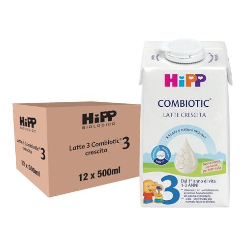 HiPP Latte 3 Confezione Tetrapack Combiotic Crescita, Indicato per Bambini dal 1° Anno d'Età, 12 Confezioni da 500 ml Ciascuna, Hipp Latte 3 Combiotic, Ricco di Ferro, Calcio, Iodio, Vitamine C, D, e