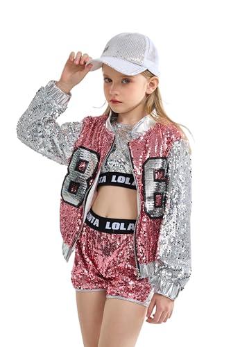 LOLANTA 4 Pezzi di Ragazze con Paillettes Costume da Ballo per Bambini Hip-Hop Stree Abiti da Ballo Set Calze attaccare, Rosa, 8-9 anni, 140