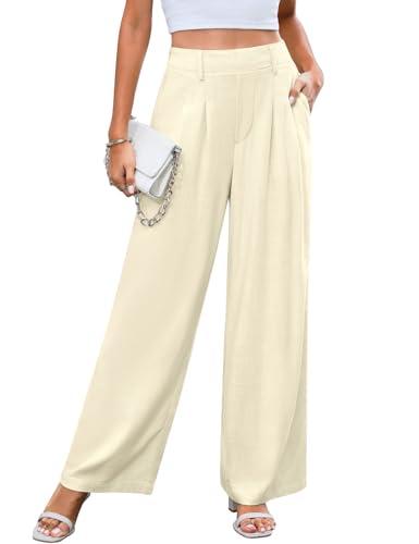 CMTOP Pantaloni Lino Donna Estivi Pantaloni a Gamba Larga Dritta Pantaloni Casual a Vita Alta Pantaloni Casual Spiaggia con Tasca