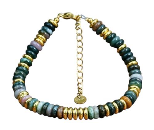 Bracciale Pietre Naturali Heishi, Distanziatori Acciaio Inossidabile, Artigianale Idea Originale per Regalo Natale Gioielli Donna Heishi (Agata Indiana)