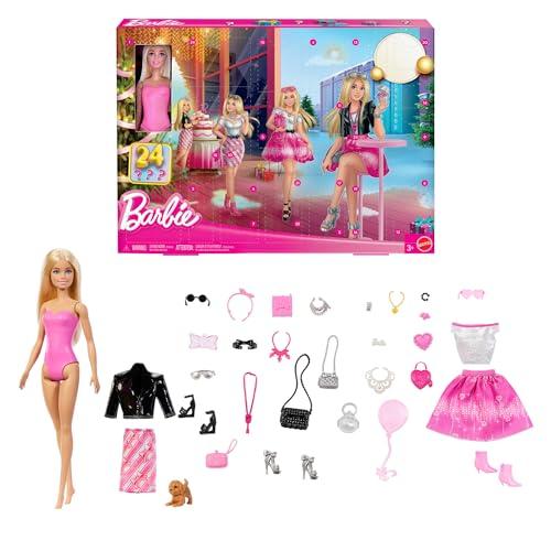 Barbie - Calendario dell'Avvento 2025, set con bambola bionda e 24 accessori a sopresa a tema moda, accessori, scarpe, vestiti e borsette, cucciolo incluso, giocattolo per bambini, 3+ anni, JFL63