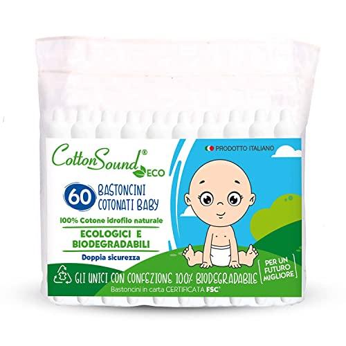 COTTON SOUND ECO Bastoncini Cotonati Baby 1 Busta x 60 Pezzi, Bastoncini Cotonati per Bambini, Bastoncini Cotonati Ecologici e Biodegradabili, 100% Cotone Idrofilo, Busta Compostabile, Made in Italy