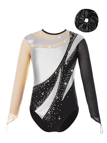 inhzoy Body Ginnastica Artistica Bambina Manica Lunga Balletto Leotards da Danza Classica con Strass Abito da Pattinaggio Artistico Body da Ginnastica Ritmica Performance Argento&Nero 13-14 anni